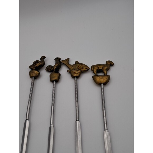Vintage Brass Shish Kabob Skewers Sheep Goose Rooster Fish Made In Germany - Picture 5 of 5
